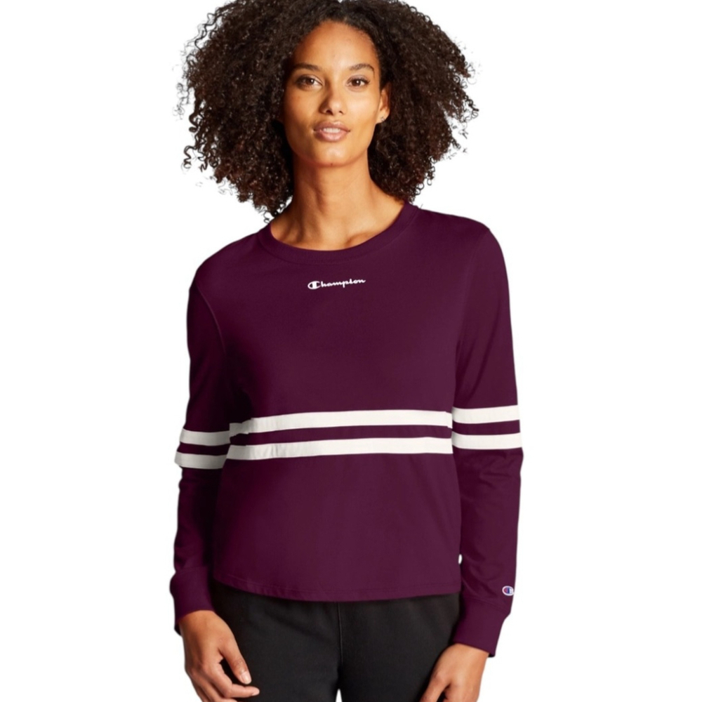 Champion Athletics Heritage Purple Long Sleeve Cropped Tee Large NWT